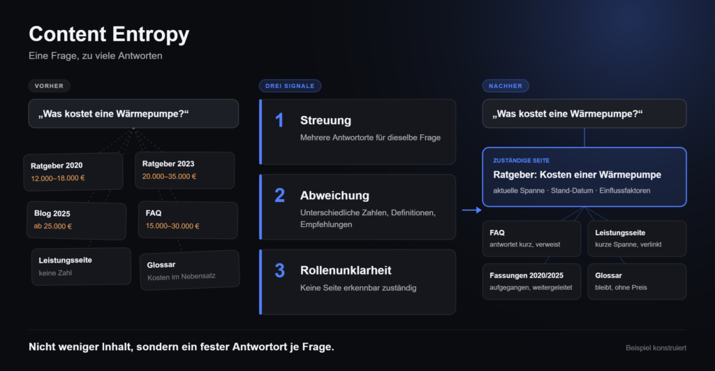 Infografik: Content Redundancy Map – eine Kernfrage verzweigt auf mehrere Seiten mit abweichenden Aussagen; die drei Signale Streuung, Abweichung und Rollenunklarheit und der Weg zu einer zuständigen Seite